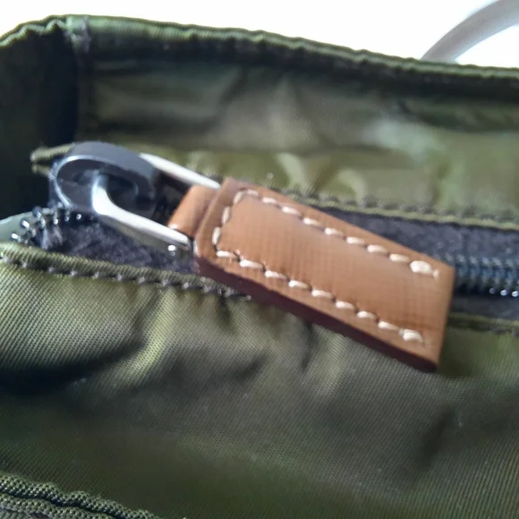 PRADA Vela Saffiano Leather Tessuto Tote Zip Green Enamel Triangle Logo Tan Bag